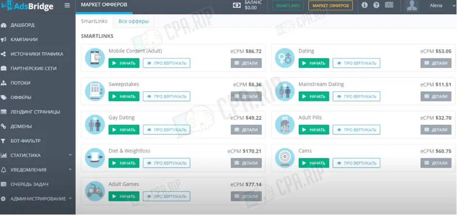 Скриншот интерфейса трекера AdsBridge