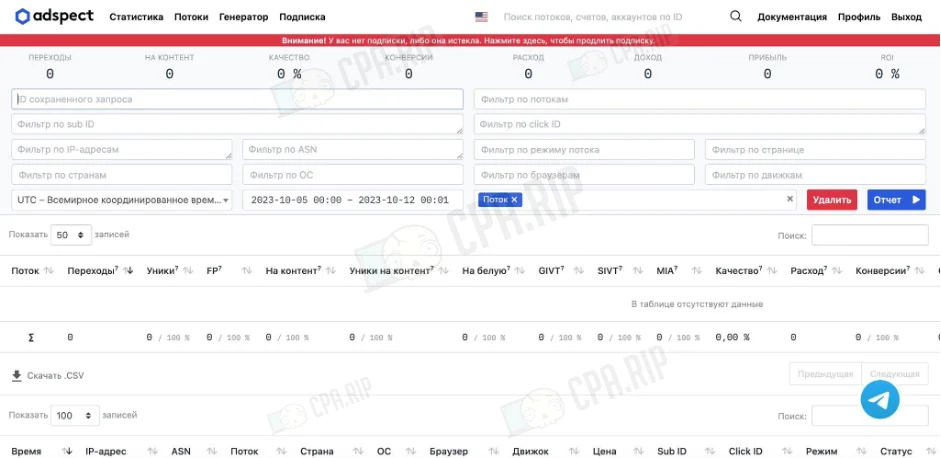 Скриншот интерфейса трекера adspect