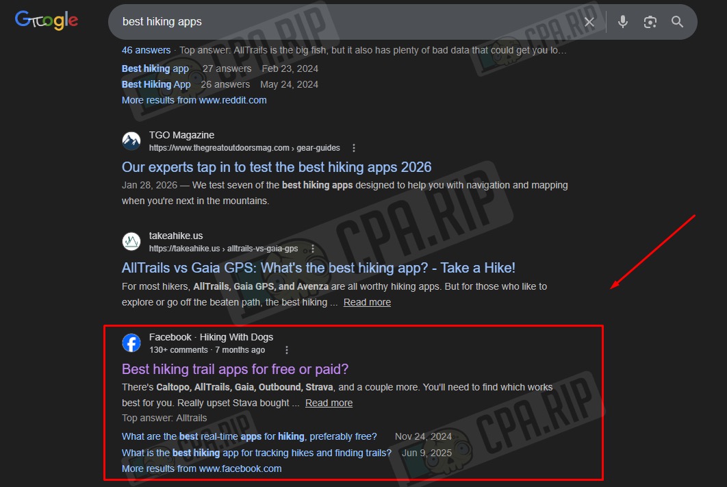 Google results for best hiking apps with Facebook result