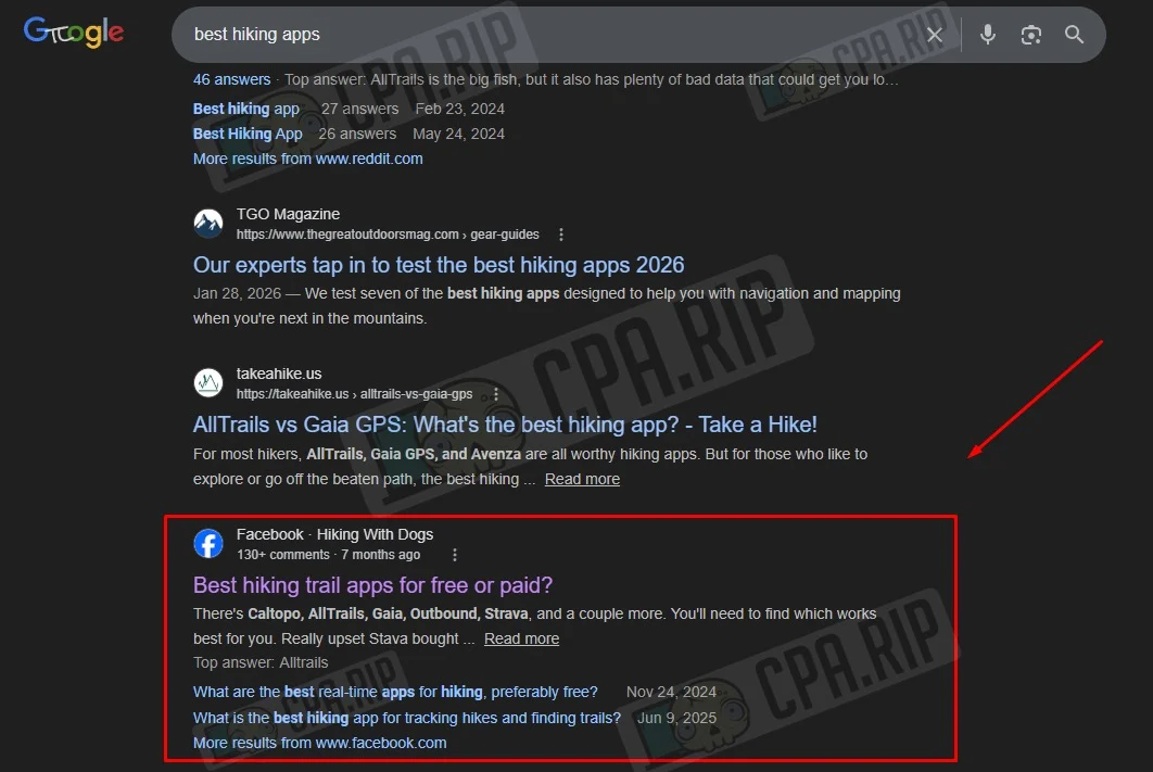 Выдача Google по запросу best hiking apps с результатом из Facebook