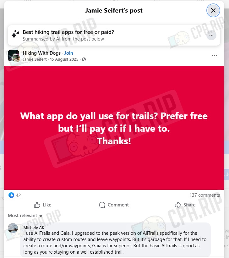 Facebook group post discussing hiking apps