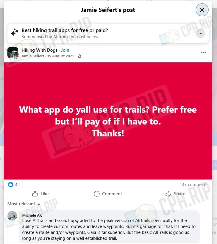 Пост в группе Facebook с обсуждением лучших приложений для хайкинга