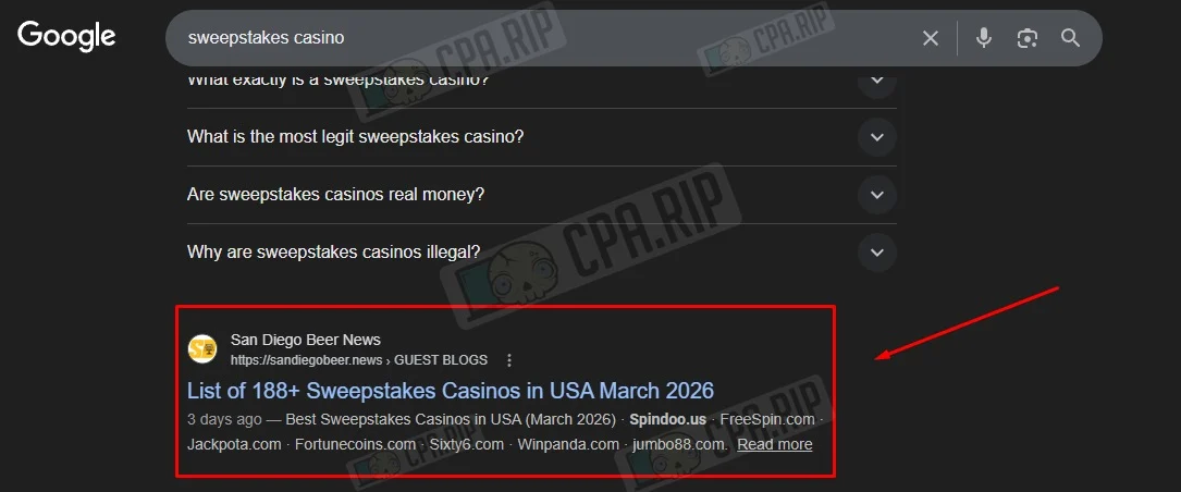 Выдача Google по запросу sweepstakes casino с новостной статьей в топе выдачи