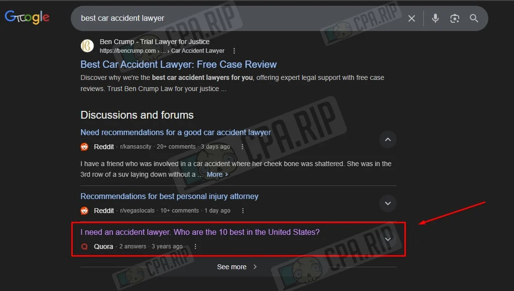Выдача Google по запросу best car accident lawyer с результатом из Quora