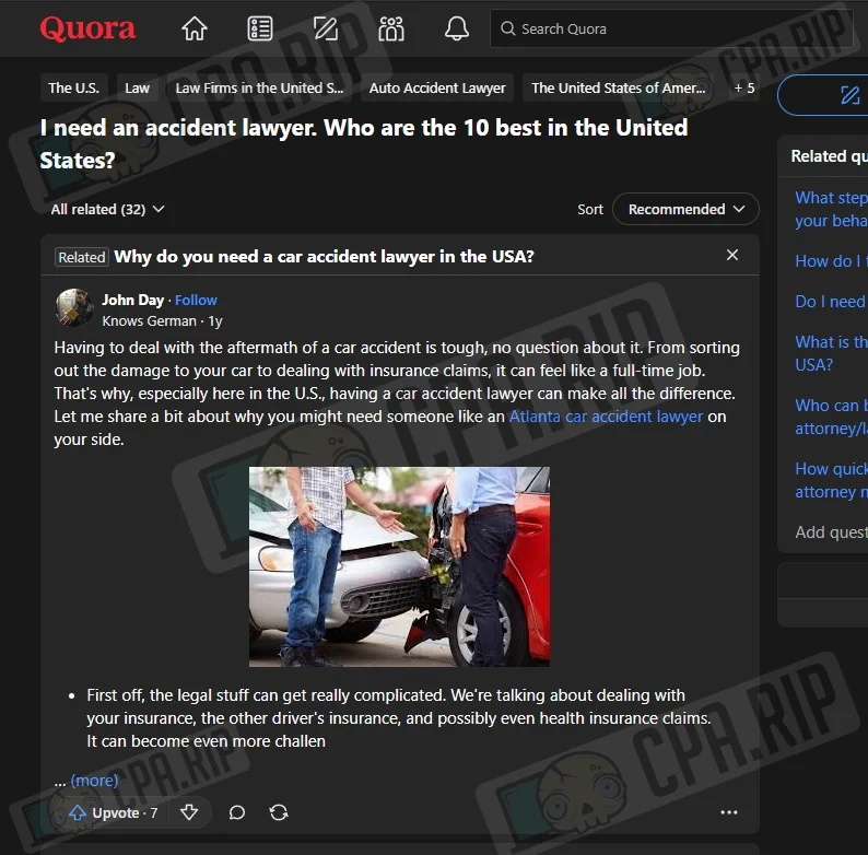 Страница вопроса в Quora про accident lawyer в США