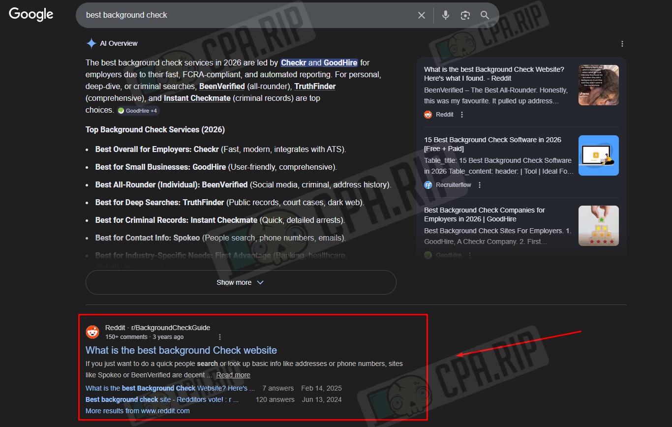 Google results for best background check with Reddit result