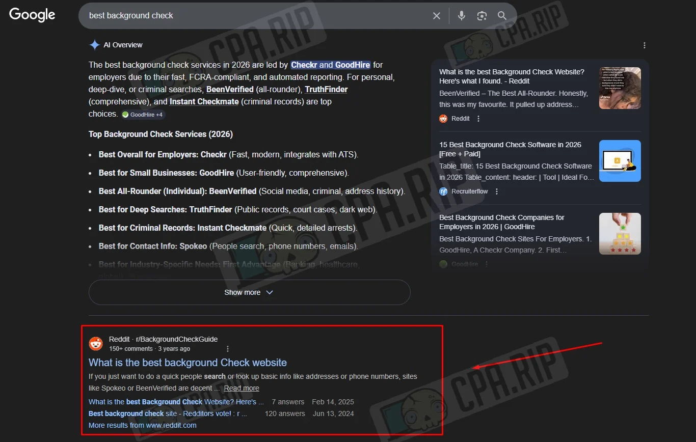 Выдача Google по запросу best background check с результатом из Reddit