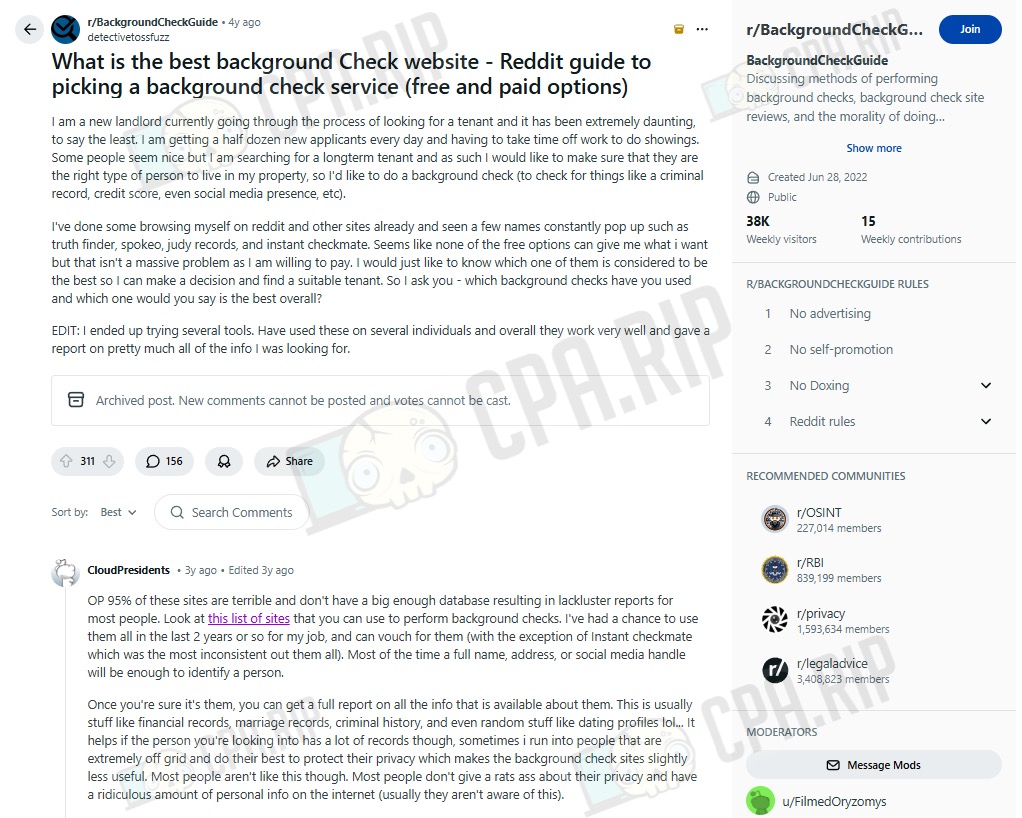 Reddit post about choosing a background check service