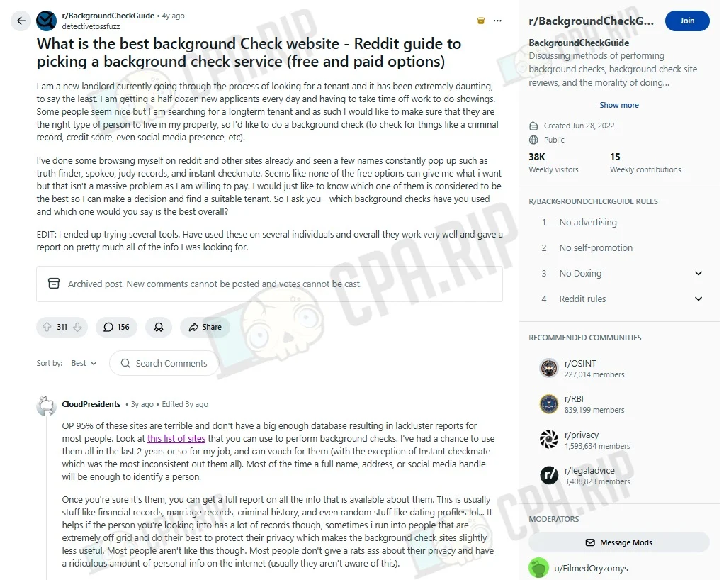 Пост на Reddit про выбор сервиса для background check