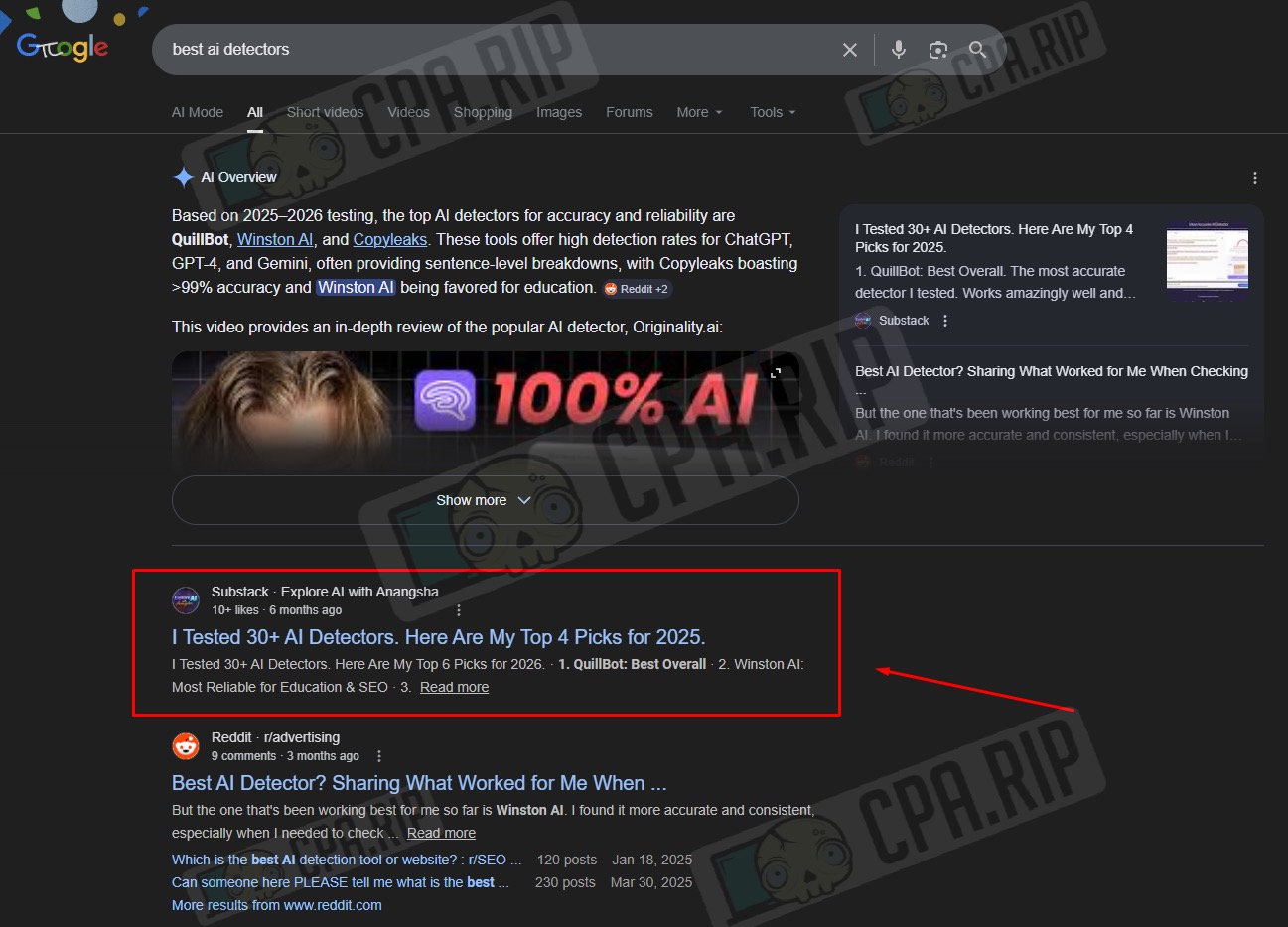 Google results for best AI detectors with Substack article