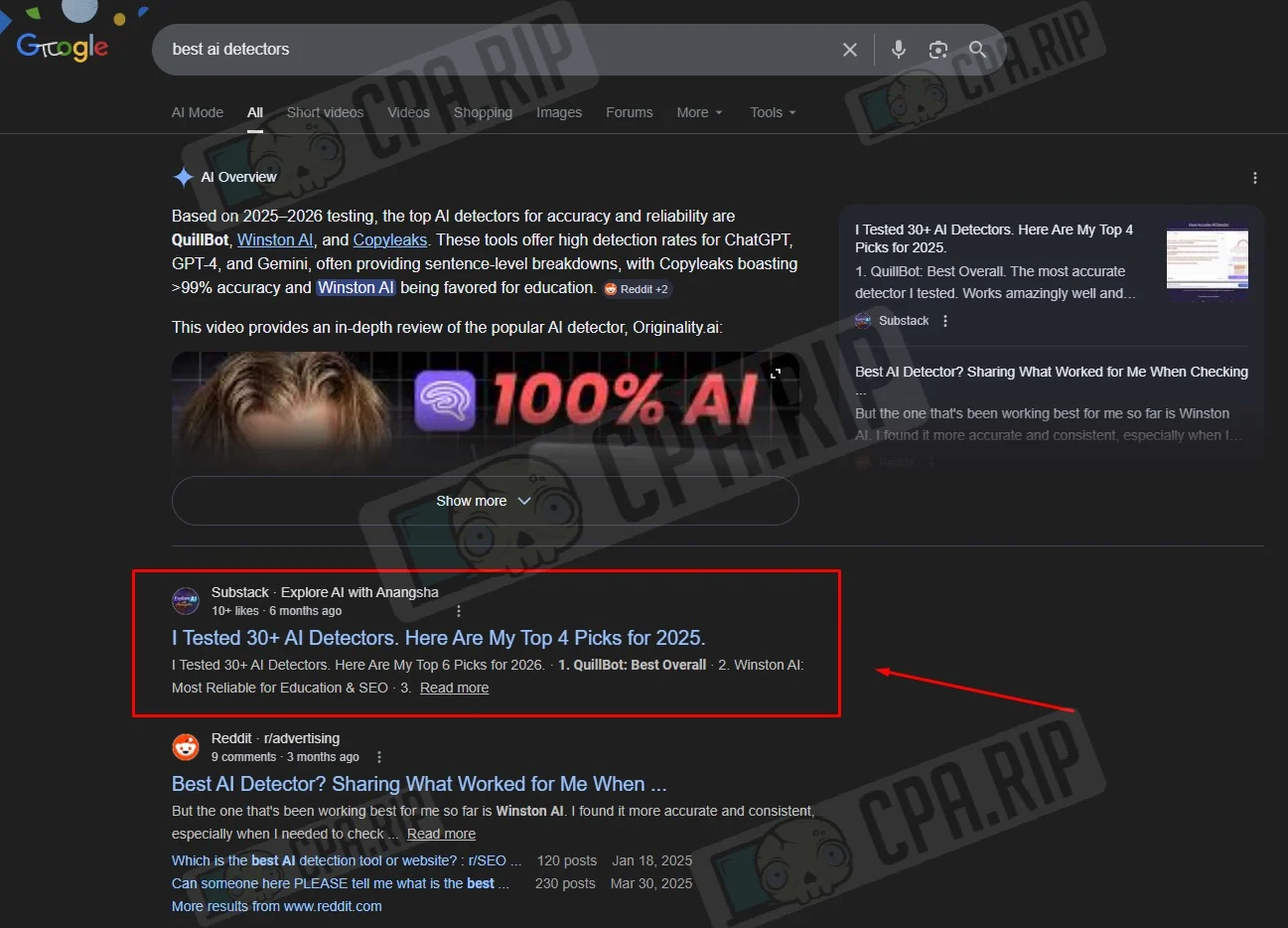 Выдача Google по запросу best ai detectors с результатом статьи на Substack