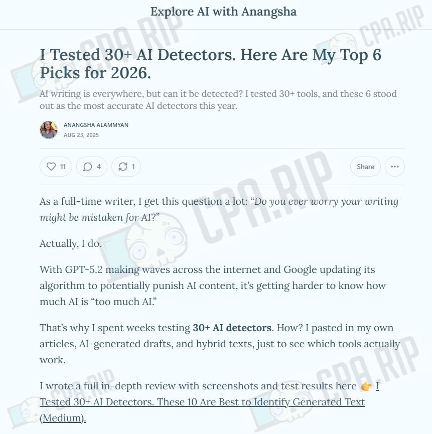 Substack article with AI detectors list