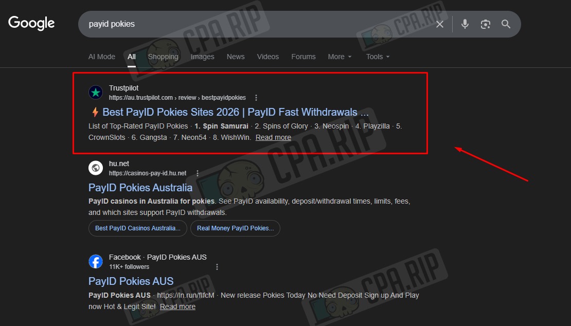 Google results for payid pokies with Trustpilot ranking