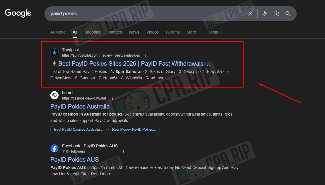 Выдача Google по запросу payid pokies с результатом страницы Trustpilot в топе