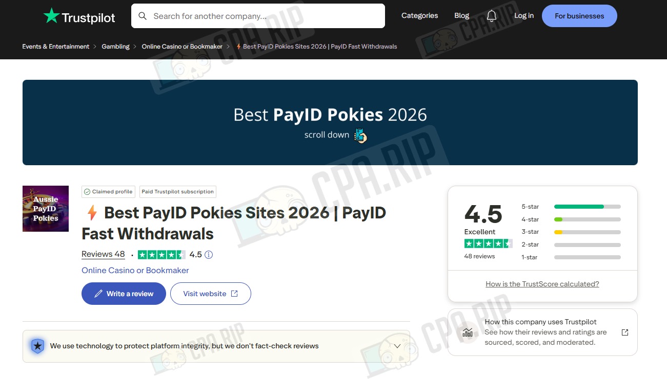 Trustpilot page with PayID pokies reviews