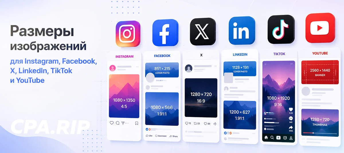 Размеры изображений для Instagram, Facebook, X, LinkedIn, TikTok и YouTube